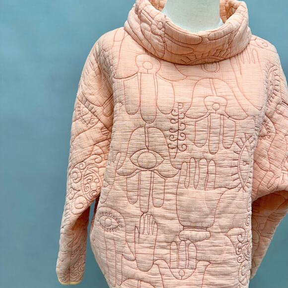 Oscilatey Quilt Funnel Neck Orange Pullover with Hasma/Evil Eye Size Medium - Picture 4 of 14